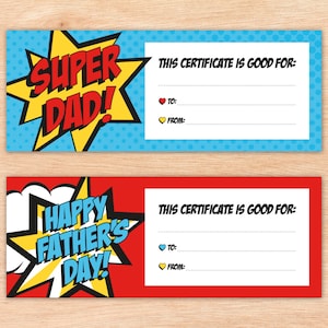 Vaderdagcadeaubon, Super Dad-cadeaubon, lastminute DIY afdrukbaar, maak je eigen couponboekje, Superhero Daddy, komisch thema