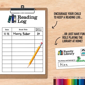 May include: A printable reading log with a checklist for tracking books read. The log includes columns for date, book title, and pages or minutes read. The log is designed to encourage children to keep track of their reading. A library card template is also included with the text "Family Library" and "This library card belongs to: Alex".