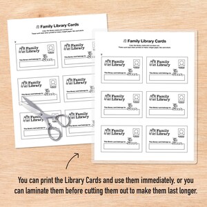May include: Printable black and white family library cards with a book and chain design. The cards have a space for a name and the text "This library card belongs to".