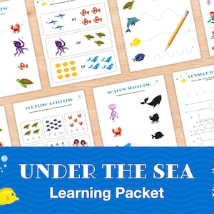 Pode incluir: Um pacote de aprendizagem colorido para crianças com um tema de fundo do mar. O pacote inclui atividades como a correspondência de palavras, a contagem e o círculo, a correspondência de sombras e a conexão de pontos. O pacote é ilustrado com várias criaturas marinhas, incluindo um polvo, um peixe, uma tartaruga, um caranguejo, uma água-viva, uma baleia e uma sereia.