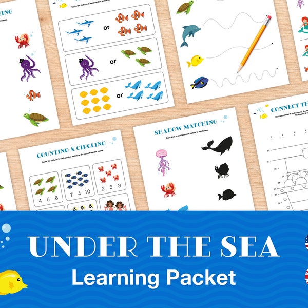 Under the Sea themed Printable Learning Packet, Preschool & Kindergarten Worksheets and Activities, Ocean Animals Binder, INSTANT DOWNLOAD