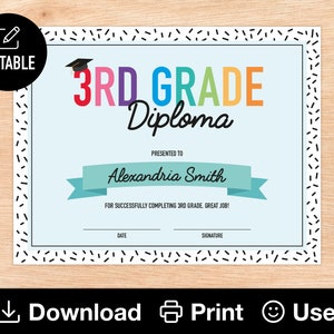 Bearbeitbares 3.Klasse-Diplom, druckbares Zertifikat für Klasse, Ende des Schuljahres, Regenbogen-Kinder-Abschlussfeier, INSTANT DOWNLOAD