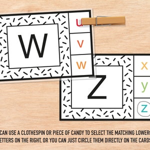 May include: A set of alphabet matching cards with uppercase letters on one side and lowercase letters on the other. The cards have a black and white geometric pattern border.