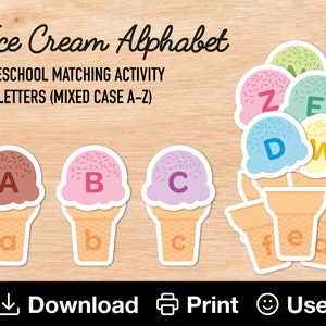 Ice Cream Alphabet (Mixed Case), Learn 26 Uppercase & Lowercase Letters from A-Z, Printable Matching Activity, Preschool, INSTANT DOWNLOAD