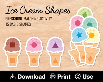 Ice Cream Shape Matching Game: Preschool Printable with 15 Shapes (Instant Download)