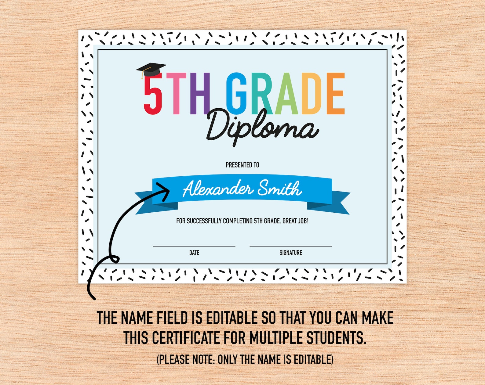 Editable 5th Grade Diploma Printable Certificate For Class End Of