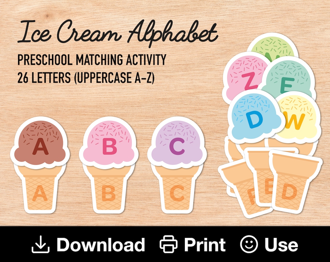 Ice Cream Alphabet, Printable Matching Activity, Learn 26 Letters From