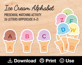 Ice Cream Alphabet, Printable Matching Activity, Learn 26 Letters from A-Z, Preschool Reusable Resource, Toddler Rainbow, INSTANT DOWNLOAD