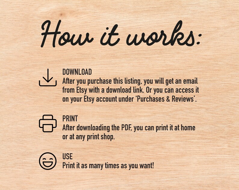 May include: A graphic showing how to download, print, and use a digital printable. The graphic includes a download icon, a printer icon, and a smiley face icon. The text reads: "How it works: Download, Print, Use. Print it as many times as you want!"