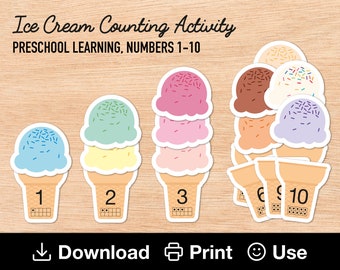 Preschool Ice Cream Counting 1-10, Printable Activity to Learn Numbers, Pre-K Reusable Resource, Toddler Rainbow Busy Book, INSTANT DOWNLOAD