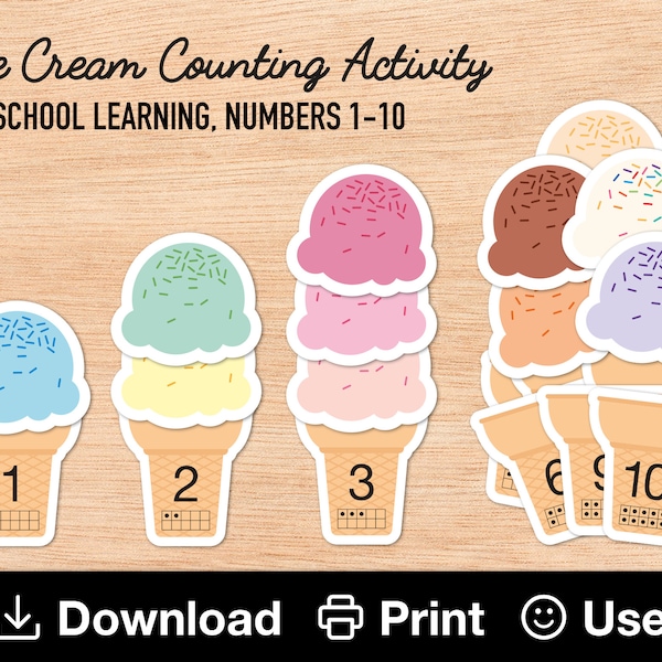 Conteo de helados para preescolares del 1 al 10, Actividad imprimible para aprender números, Recurso reutilizable para preescolar, Libro ocupado del arco iris para niños pequeños, DESCARGA INSTANTÁNEA