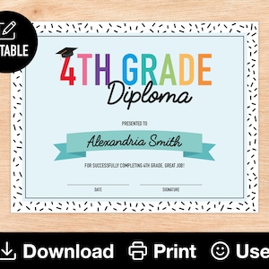 Bearbeitbares 4.Klasse-Diplom, druckbares Zertifikat für Klasse, Ende des Schuljahres, Regenbogen-Kinder-Abschlussfeier, INSTANT DOWNLOAD