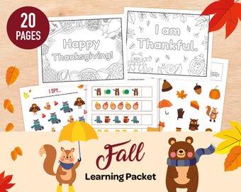 Fall Preschool Busy Binder Printables, Autumn Learning Packet, 20 Pages of themed Worksheets & Activities for Pre-K Homeschool Folder