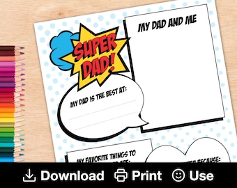 All About Super Dad Printable, Happy Fathers Day, Kids Activity Page, Last Minute DIY Gift, Superhero Daddy Birthday, Make Your Own Gift