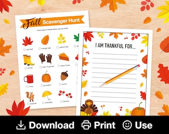 Fall Outdoor Scavenger Hunt Printable & I Am Thankful Writing Activity, Thanksgiving Nature Walk with Kids, November Homeschool Game