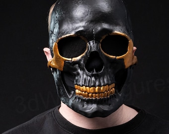 Skull Mask Moving Jaw – Black Skull Mask – Gold Black Mask – Tactical Mask – Halloween Skull Mask – Wearable Mask  – Gold Teeth Skull Mask