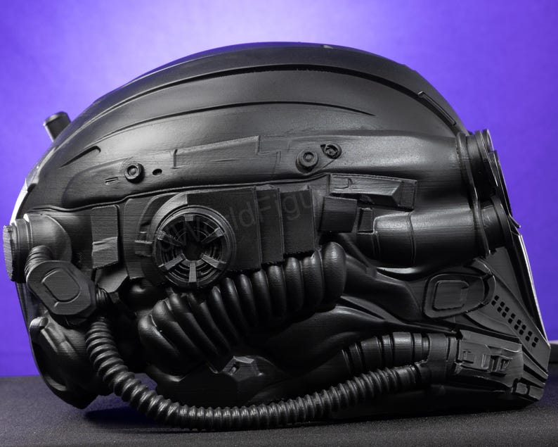 dystopian combat helmet black armor close detail