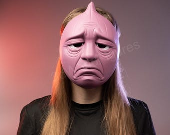 Traurige Gesichtsmaske – Lustige Meme-Maske – Firmenfeier-Maske – Müde Arbeiter Maske – Büro-Party-Kostüm – Gemüsemasken-Serie – Rosa Gesichtsmaske