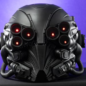 black futuristic helmet angular armor design