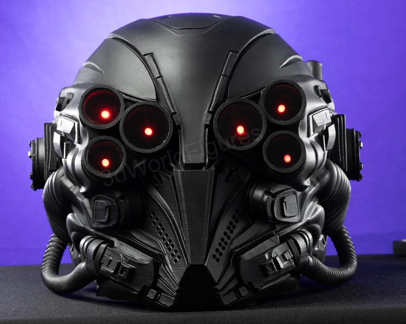 black futuristic helmet angular armor design