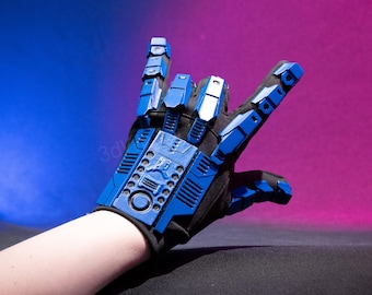 Guantes mecánicos cyberpunk, guantes de exoesqueleto mecha, guantes de cosplay blindados, guantes de robot de ciencia ficción futurista, guantes de cosplay azules