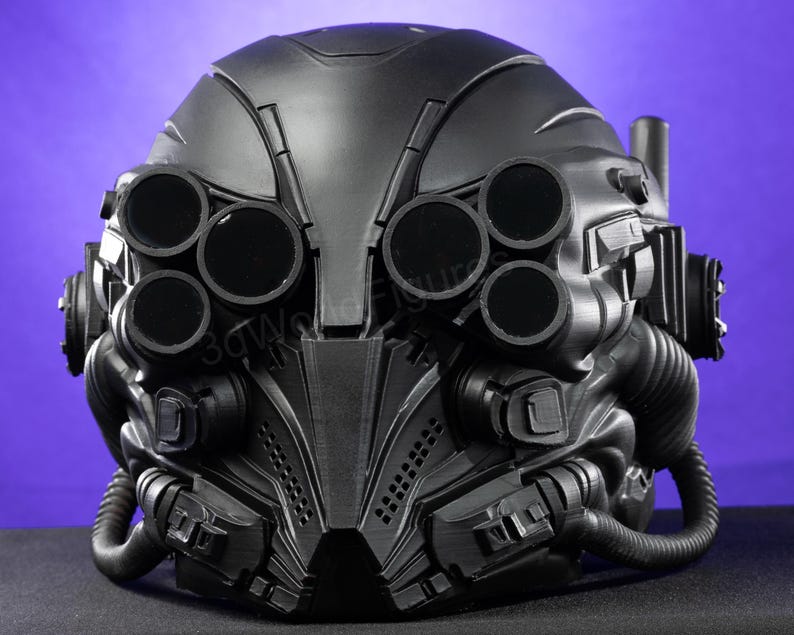 black dystopian armor helmet close side angle