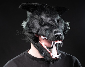 Máscara de hombre lobo con mandíbula móvil – Máscara realista de lobo negro – Cabeza de cosplay de terror – Máscara de monstruo LARP – Disfraz de Halloween – Accesorio de cosplay oscuro