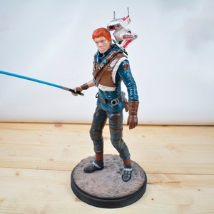 Pu&ograve; includere: Statuetta dettagliata di un personaggio di un franchise di fantascienza, con una spada laser blu. La figura indossa un abito blu e marrone, con un piccolo droide sulla schiena. La statuetta &egrave; su una base circolare.
