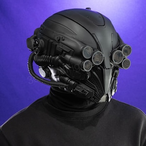 black sci fi armor helmet close up