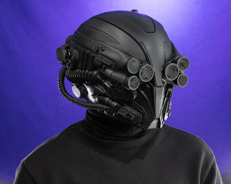 black sci fi armor helmet close up