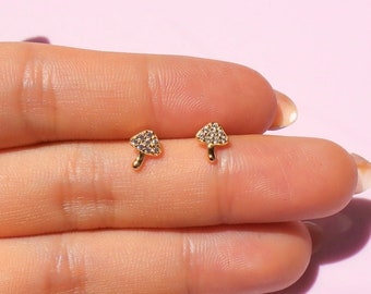 Tiny Mushroom Earrings,  CZ Stud 14k Gold, Dainty, Cute, Minimal, Cartilage, Second Hole