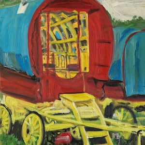 May include: A red and blue vintage wagon with a yellow wooden ladder and wheels. The wagon is painted in a whimsical style with a bright yellow interior.