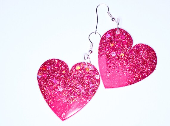 Glitter Pink Ombre Heart Dangle Earrings