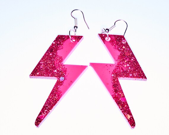Large Pink Glitter Lightning Drop Earrings