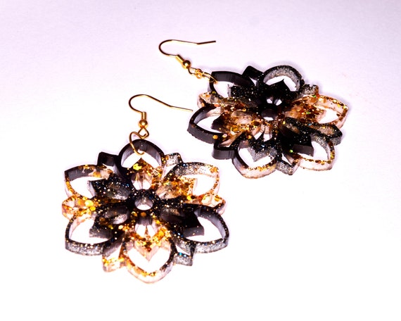 Black and Gold Glitter Cut Out Flower Dangle Earrings