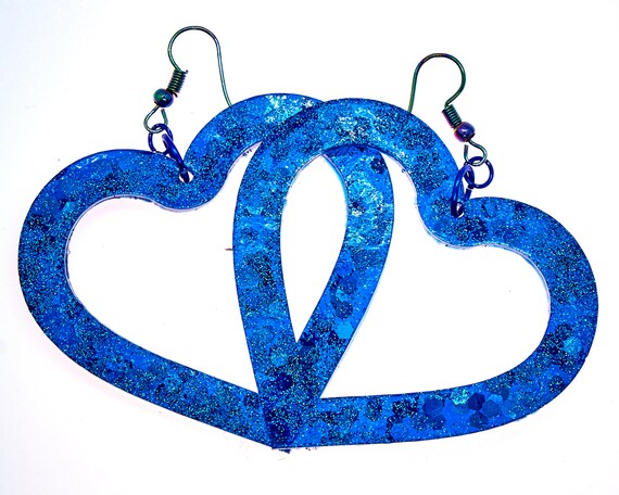 Large Blue Glitter Heart Shaped Resin Earrings