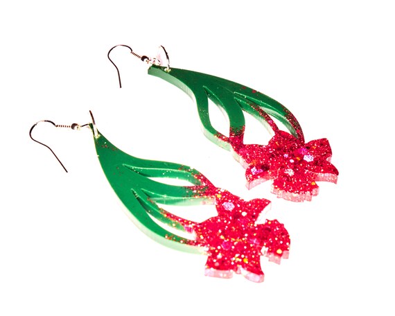 Large Pink Glitter Flower Earring Drops