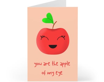 You Are the Apple of My Eye | Cute Cartoon Apple Valentines Day Greeting Card Pack | Anniversary Gift | Blank Stationery Greeting Card