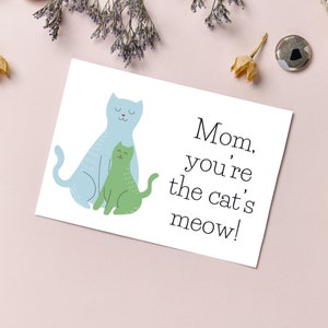 Tarjeta imprimible del Día de la Madre / Divertido juego de palabras de dibujos animados de animales de gato lindo / Cumpleaños para mamá / Tarjeta de felicitación interior en blanco digital 5x7
