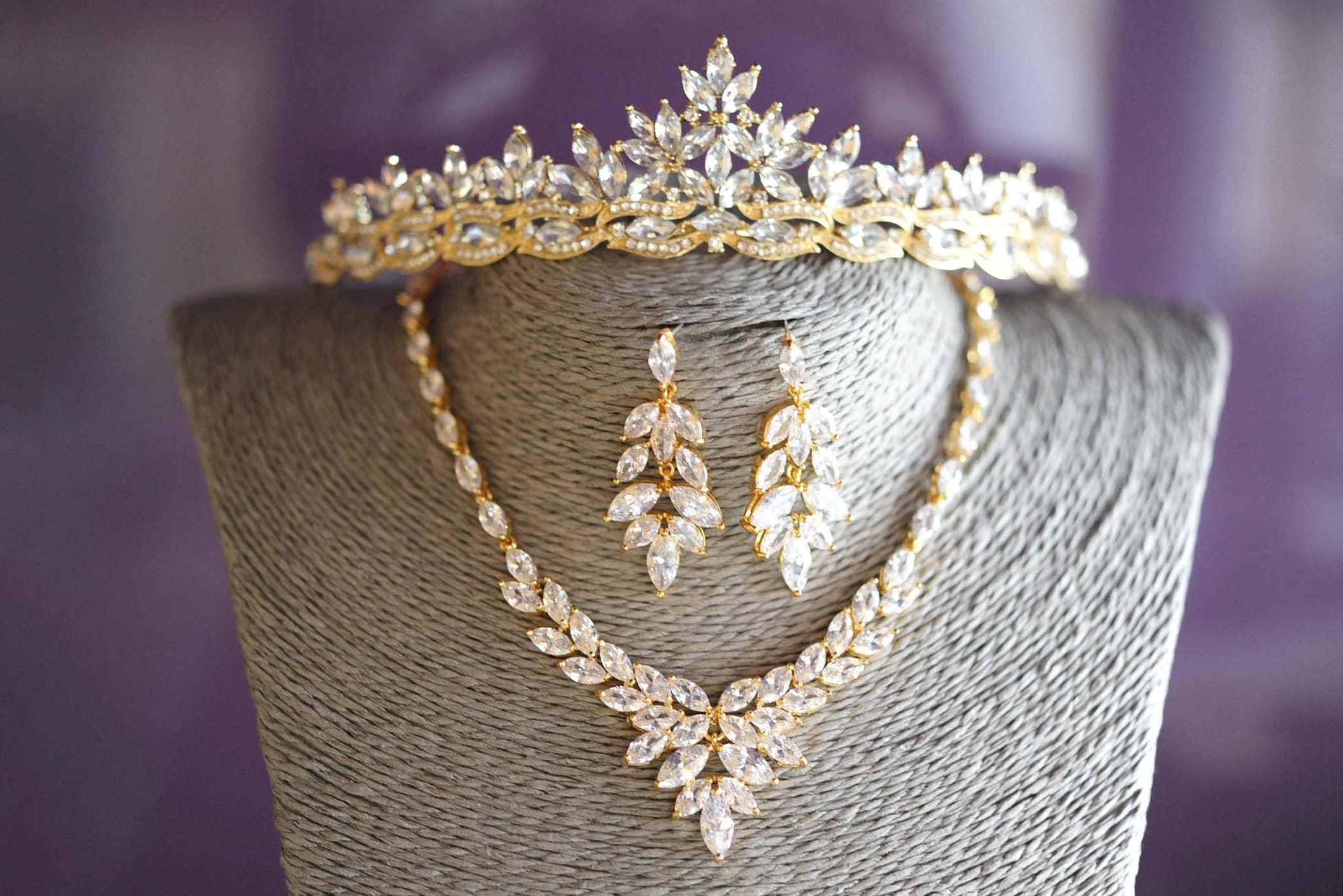 Bridal Tiara Set for Bride Gold Necklace and Earrings Set Etsy