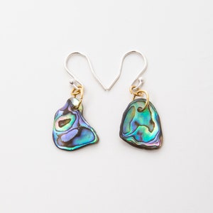 May include: A pair of iridescent abalone shell earrings. Each earring has a unique, irregularly shaped abalone shell pendant with shades of blue, green, and purple. The pendants are attached to silver ear wires with gold accents.