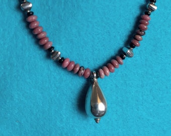 Unique natural Rhodonite and Sterling Necklace 24"