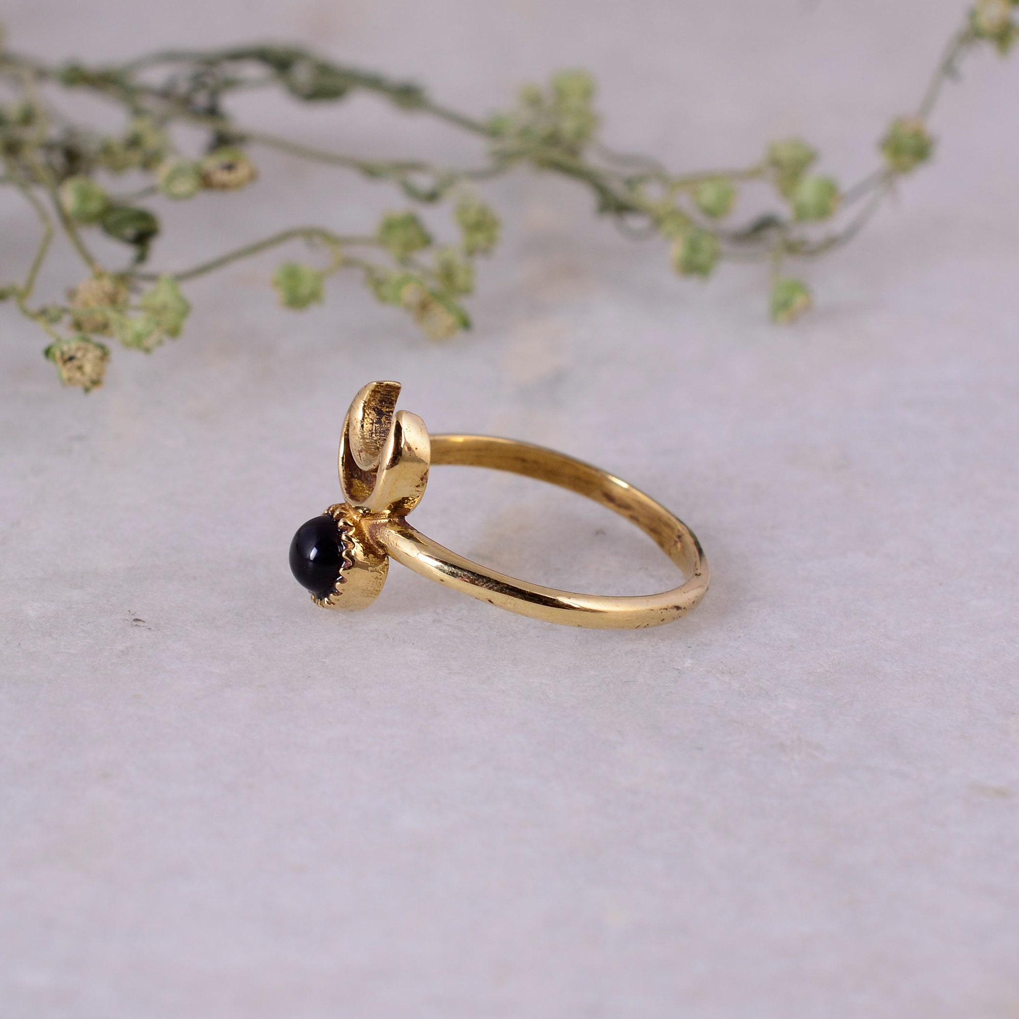 Crescent Moon Ring, Half Moon Ring, Obsidian Brass Ring Crescent Moon Ring, Half Moon Ring, Obsidian Brass Ring