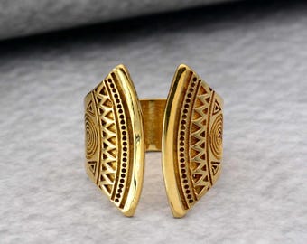 Gold Brass Bypass Ring: Adjustable Open Band Statement Ring