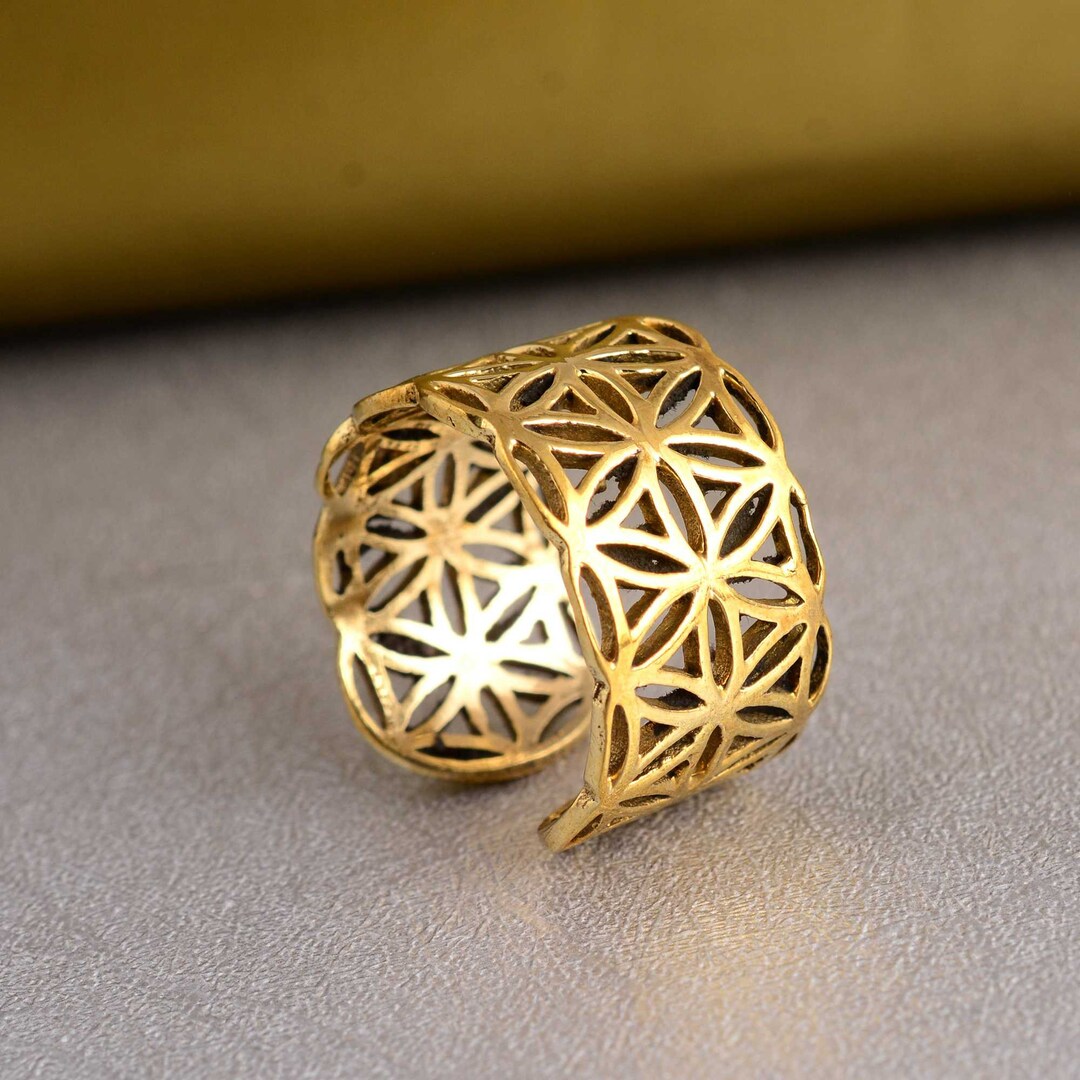 Scared Geometry Ring Sacred Geometry Ring, Flower of Life, Brass Filigree Ring, Nature ...