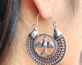 Silver Plated Sparrow Earrings: Brass Bird Hoop Earrings