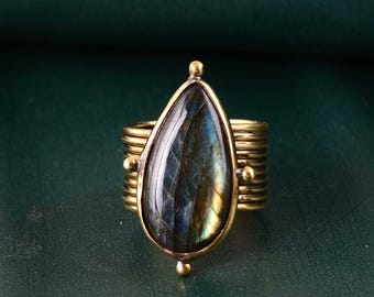 Teardrop Labradorite Statement Ring: Wide gold Band, Boho Engagement ring.