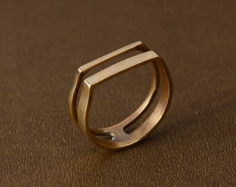 Handmade Brass Square Ring: Modern Minimalist Double Bar Statement Ring
