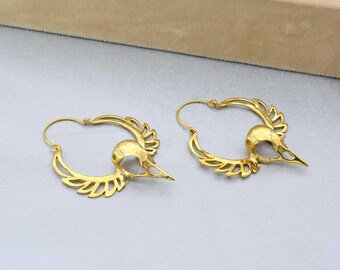Halloween Skull Hoop Earrings, Witchy Huggie Hoops, Raven Brass Charms, Gothic Punk Crow Jewelry.