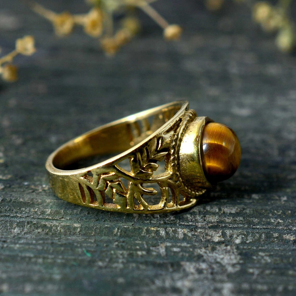 Tiger Eye Ring in Antique Brass Real Gemstone brass ring Etsy